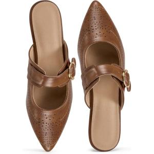 Ecetana Mules for Women Buckle Flats: Comfortable Slip On Pointed Toe Backless Loafers Dressy Business Casual Shoes 2026(Brown)
