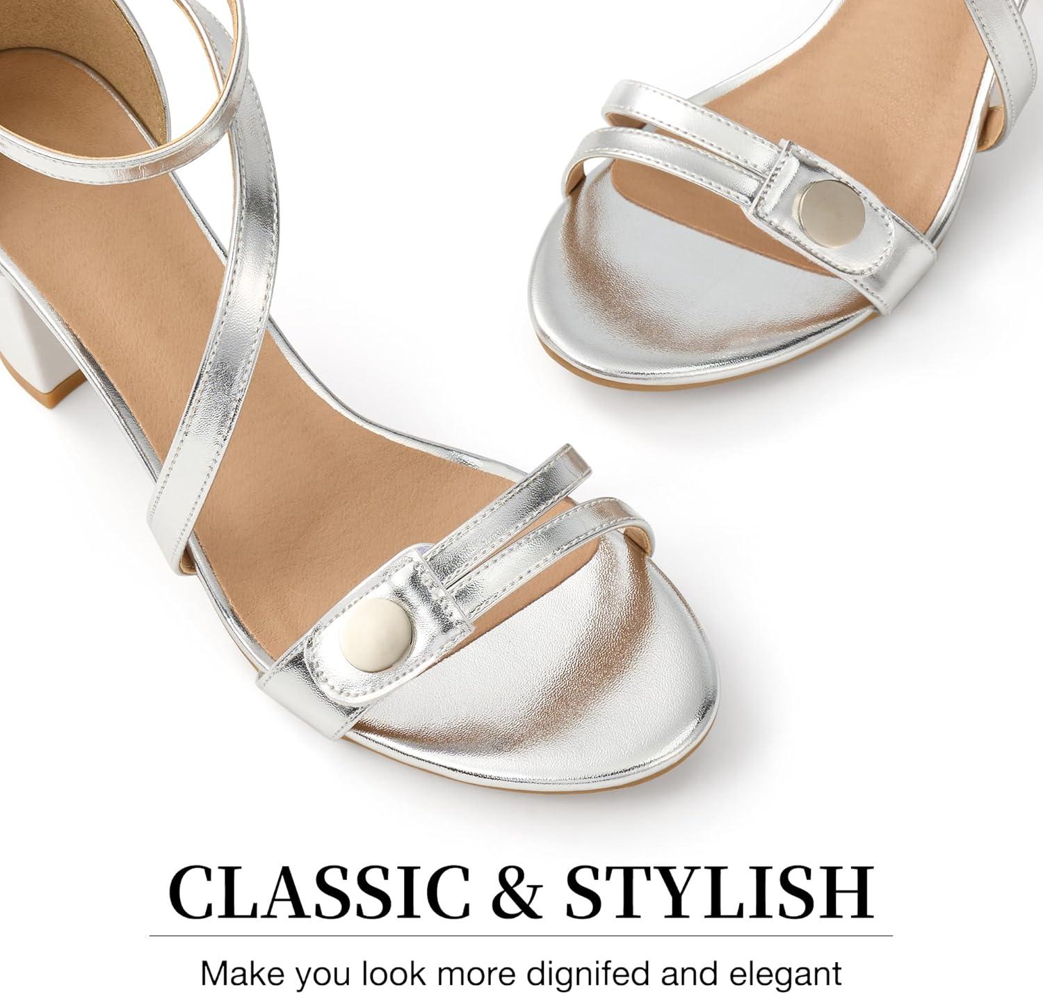 image:imageEcetana Block Heels for Women Comfortable 3 Stable Open Toe Chunky Heel Sandals with Ankle Strap amp Cushioned Insole Dressy Shoes for Wedding Prom BrideSliver