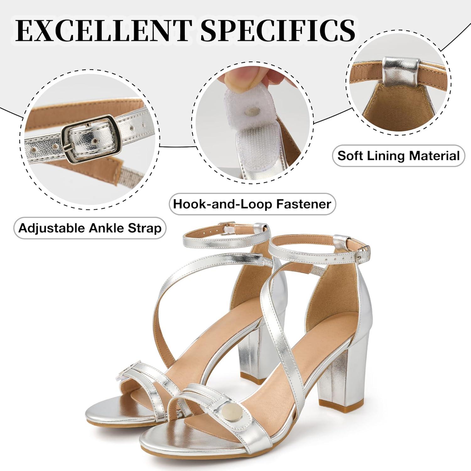 image:imageEcetana Block Heels for Women Comfortable 3 Stable Open Toe Chunky Heel Sandals with Ankle Strap amp Cushioned Insole Dressy Shoes for Wedding Prom BrideSliver