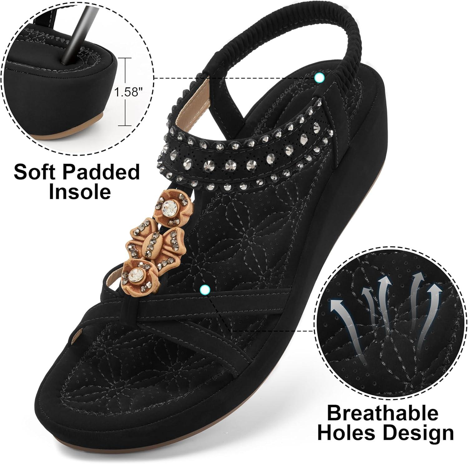 image:imageEcetana Wedge Sandals for Women Dressy Comfortable Boho Rhinestone Elastic Ankle Strap Summer Platform Sandals 2026 for Casual WeddingBlack