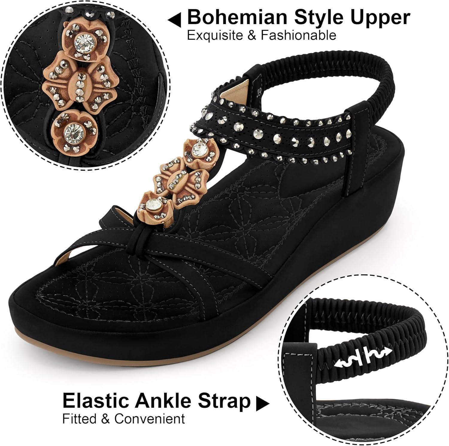 image:imageEcetana Wedge Sandals for Women Dressy Comfortable Boho Rhinestone Elastic Ankle Strap Summer Platform Sandals 2026 for Casual WeddingBlack