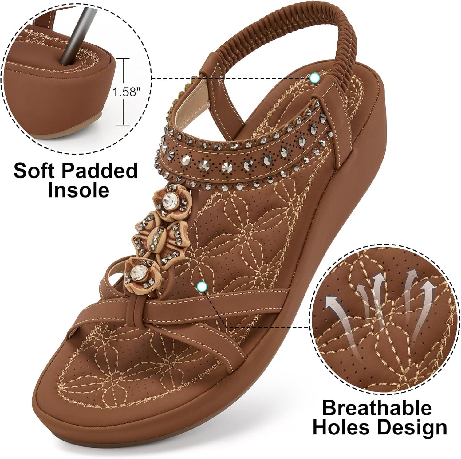 image:imageEcetana Wedge Sandals for Women Dressy Comfortable Boho Rhinestone Elastic Ankle Strap Summer Platform Sandals 2026 for Casual WeddingBrown