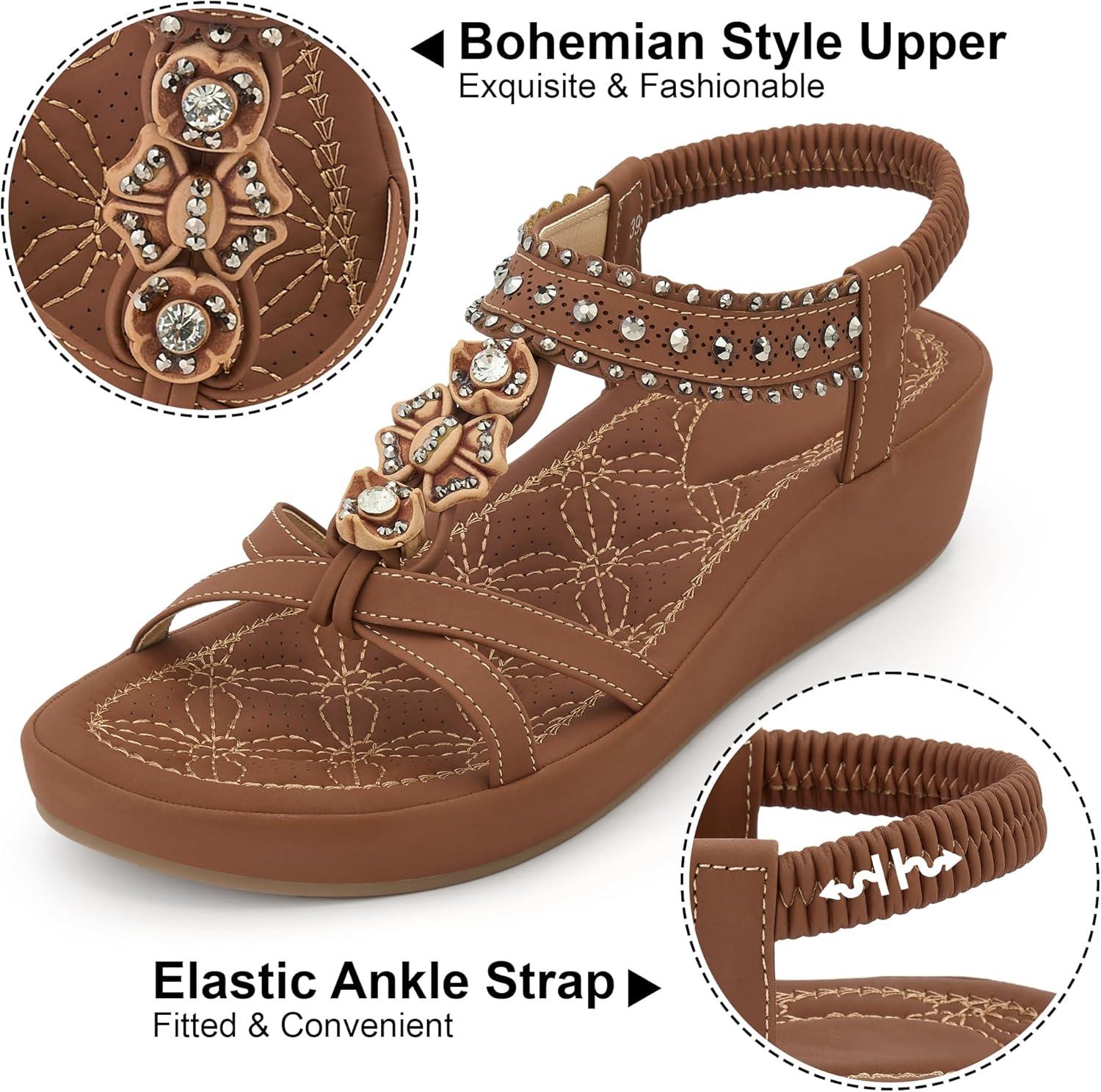 image:imageEcetana Wedge Sandals for Women Dressy Comfortable Boho Rhinestone Elastic Ankle Strap Summer Platform Sandals 2026 for Casual WeddingBrown