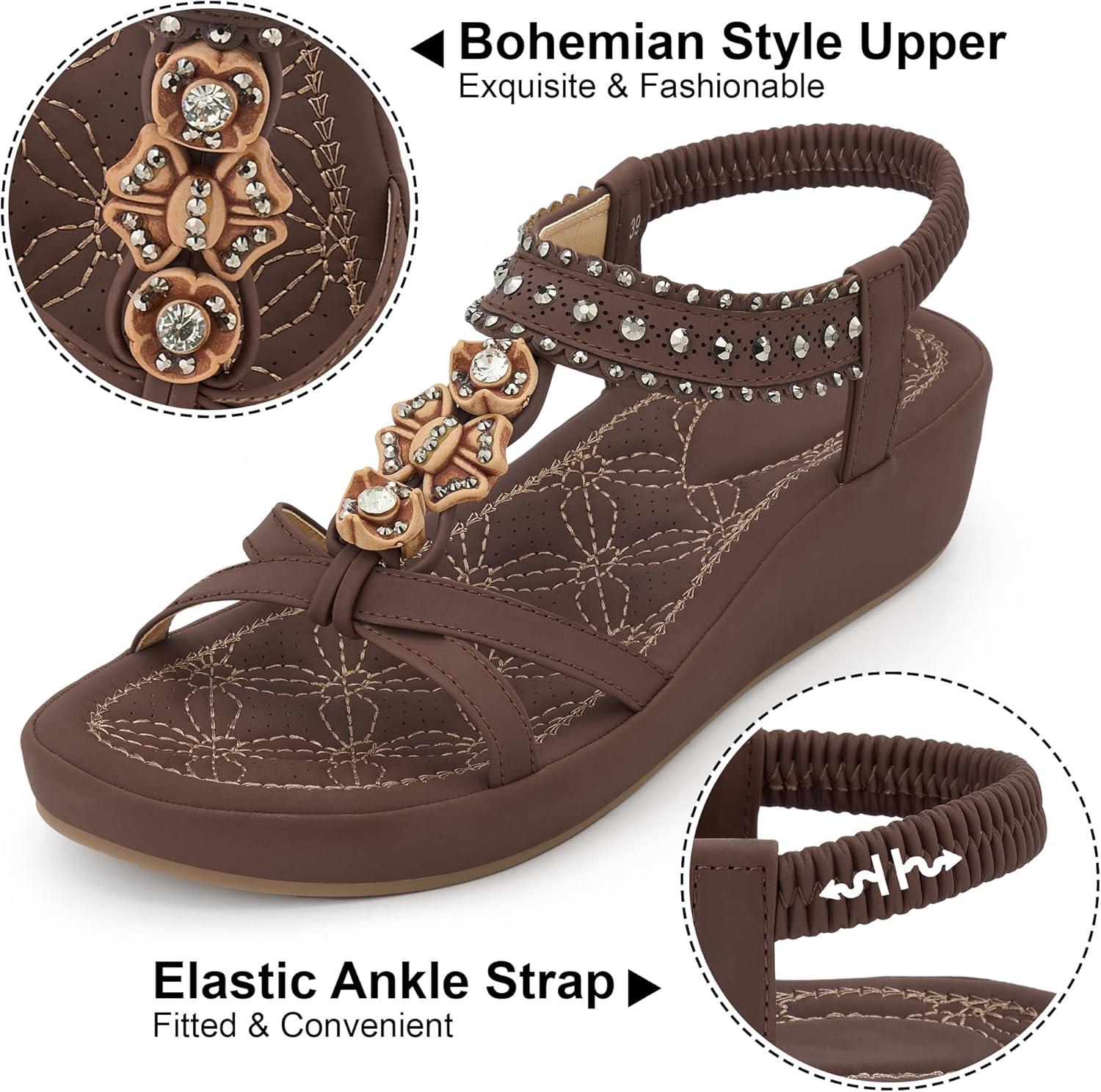 image:imageEcetana Wedge Sandals for Women Dressy Comfortable Boho Rhinestone Elastic Ankle Strap Summer Platform Sandals 2026 for Casual WeddingCoffee