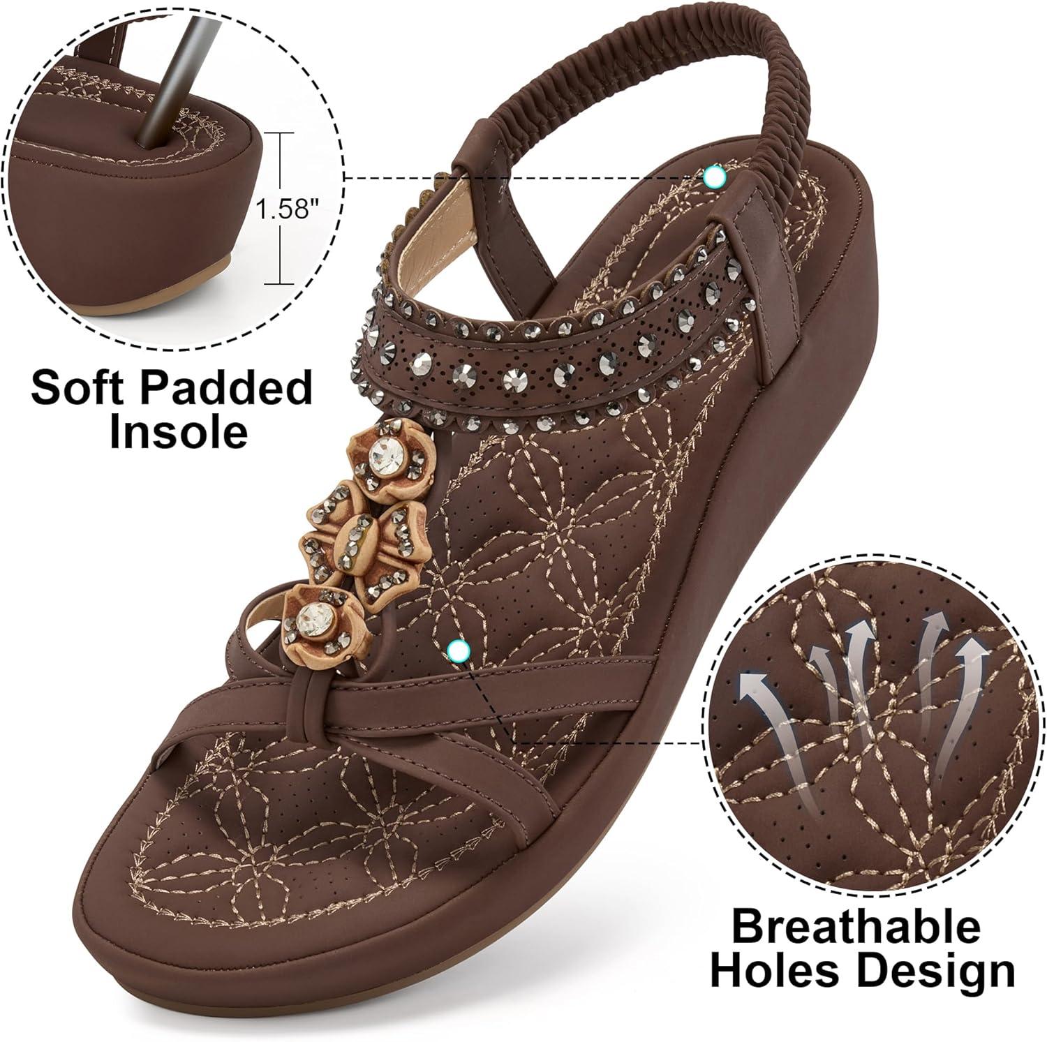 image:imageEcetana Wedge Sandals for Women Dressy Comfortable Boho Rhinestone Elastic Ankle Strap Summer Platform Sandals 2026 for Casual WeddingCoffee