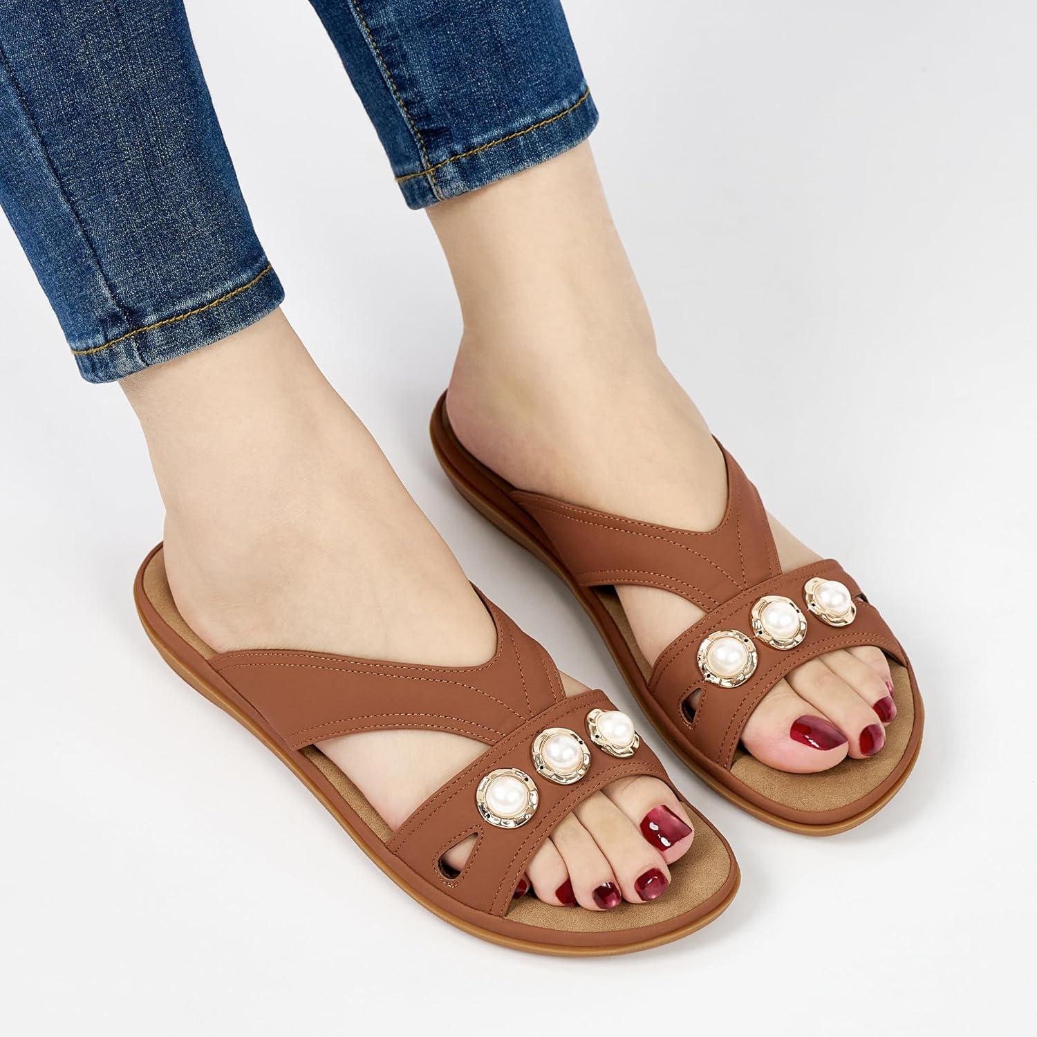 image:imageEcetana Womens Flat Sandals 2026 Dressy Comfortable Walking Slides Casual Slip on Summer Sandals for Indoor amp OutdoorBrown