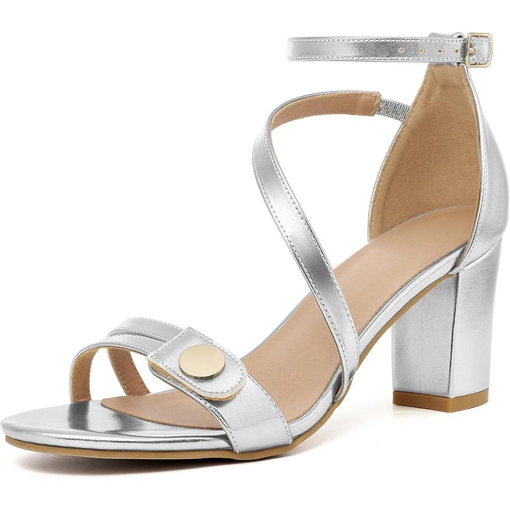 image:imageEcetana Block Heels for Women Comfortable 3 Stable Open Toe Chunky Heel Sandals with Ankle Strap amp Cushioned Insole Dressy Shoes for Wedding Prom BrideSliver