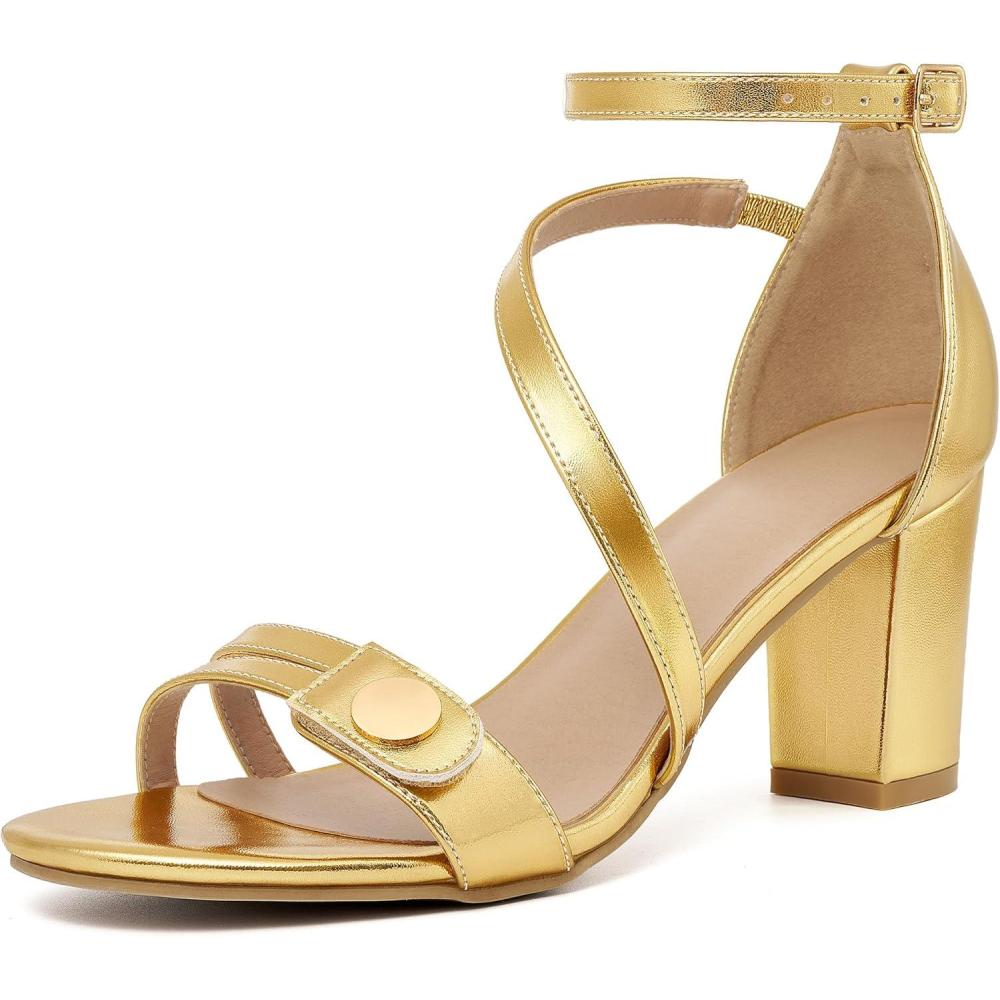 image:imageEcetana Block Heels for Women Comfortable 3 Stable Open Toe Chunky Heel Sandals with Ankle Strap amp Cushioned Insole Dressy Shoes for Wedding Prom BrideGold