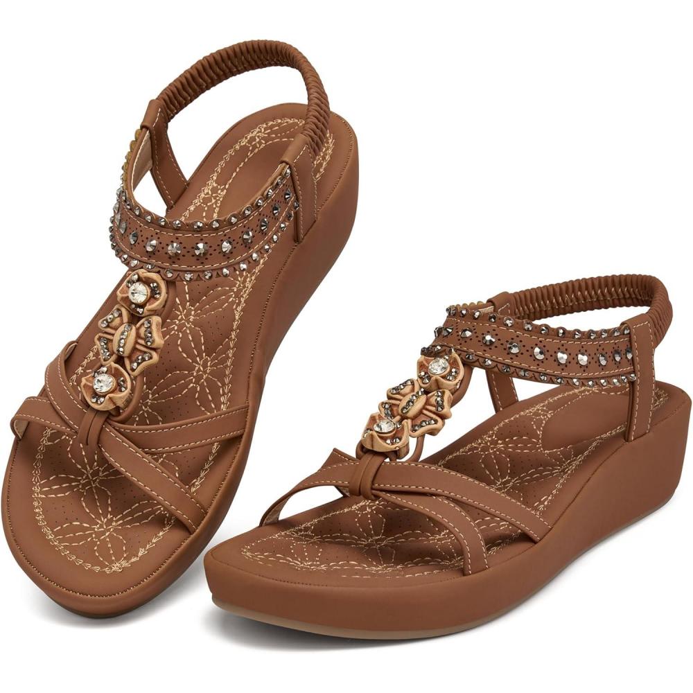 image:imageEcetana Wedge Sandals for Women Dressy Comfortable Boho Rhinestone Elastic Ankle Strap Summer Platform Sandals 2026 for Casual WeddingBrown