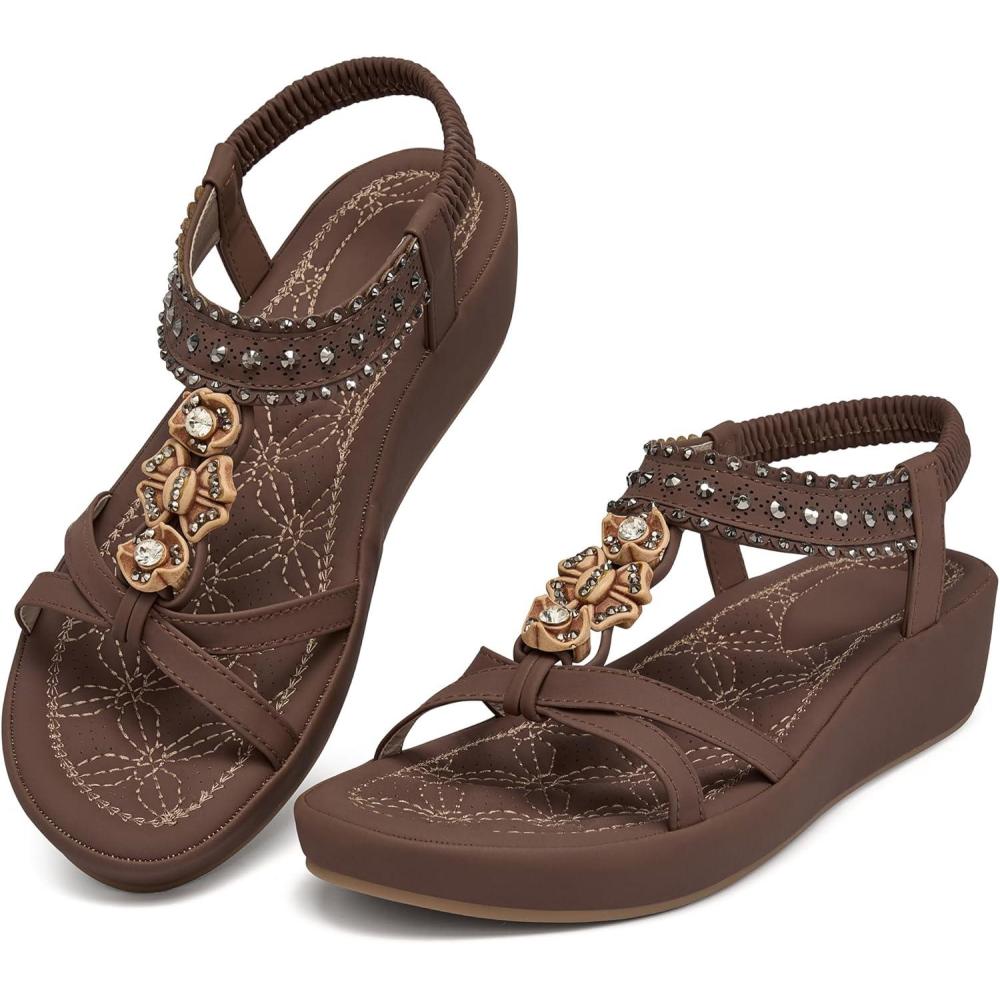 image:imageEcetana Wedge Sandals for Women Dressy Comfortable Boho Rhinestone Elastic Ankle Strap Summer Platform Sandals 2026 for Casual WeddingCoffee