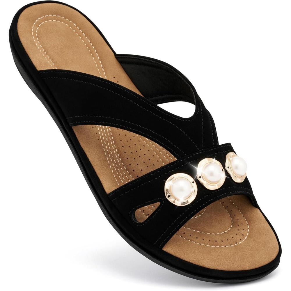 image:imageEcetana Womens Flat Sandals 2026 Dressy Comfortable Walking Slides Casual Slip on Summer Sandals for Indoor amp OutdoorBlack