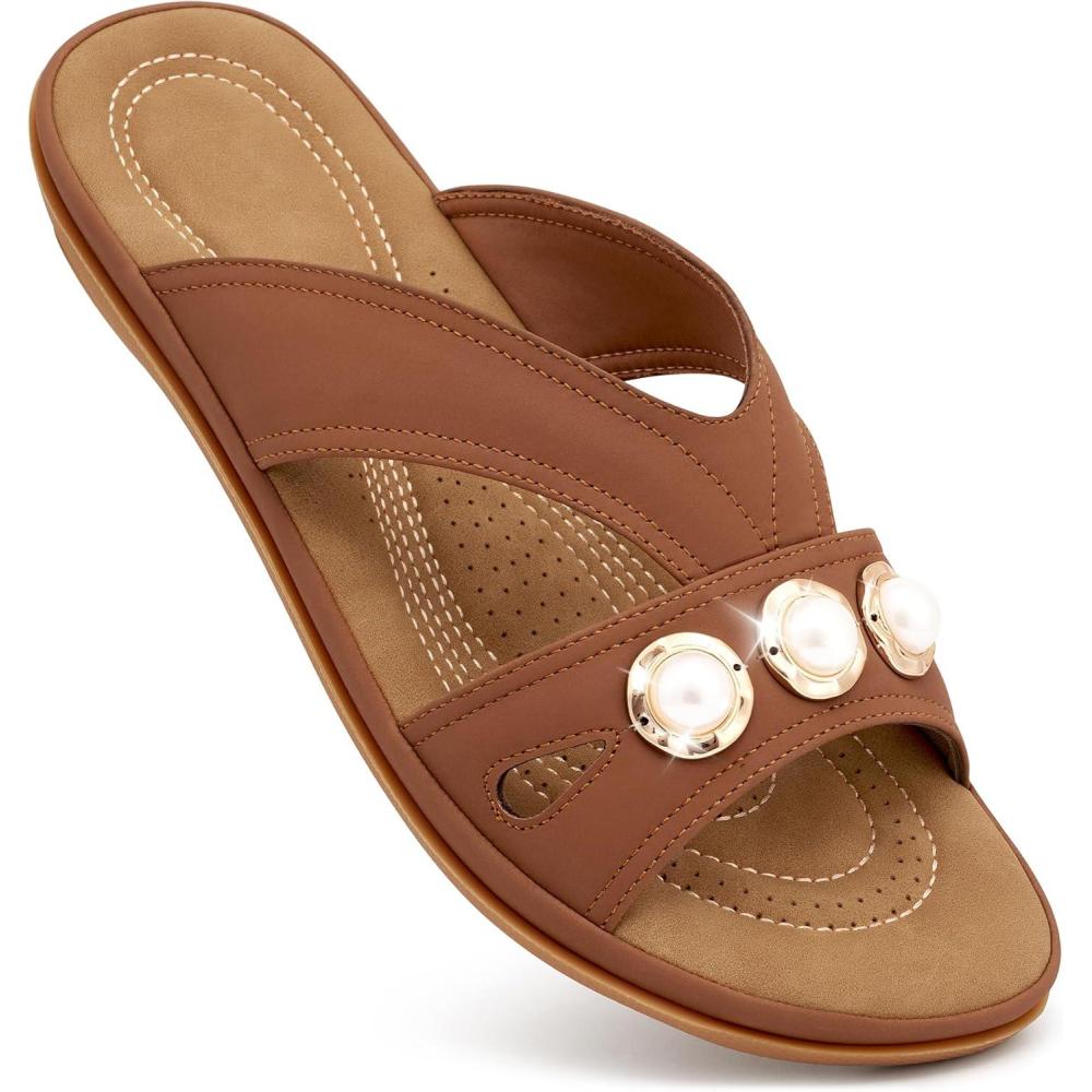 image:imageEcetana Womens Flat Sandals 2026 Dressy Comfortable Walking Slides Casual Slip on Summer Sandals for Indoor amp OutdoorBrown
