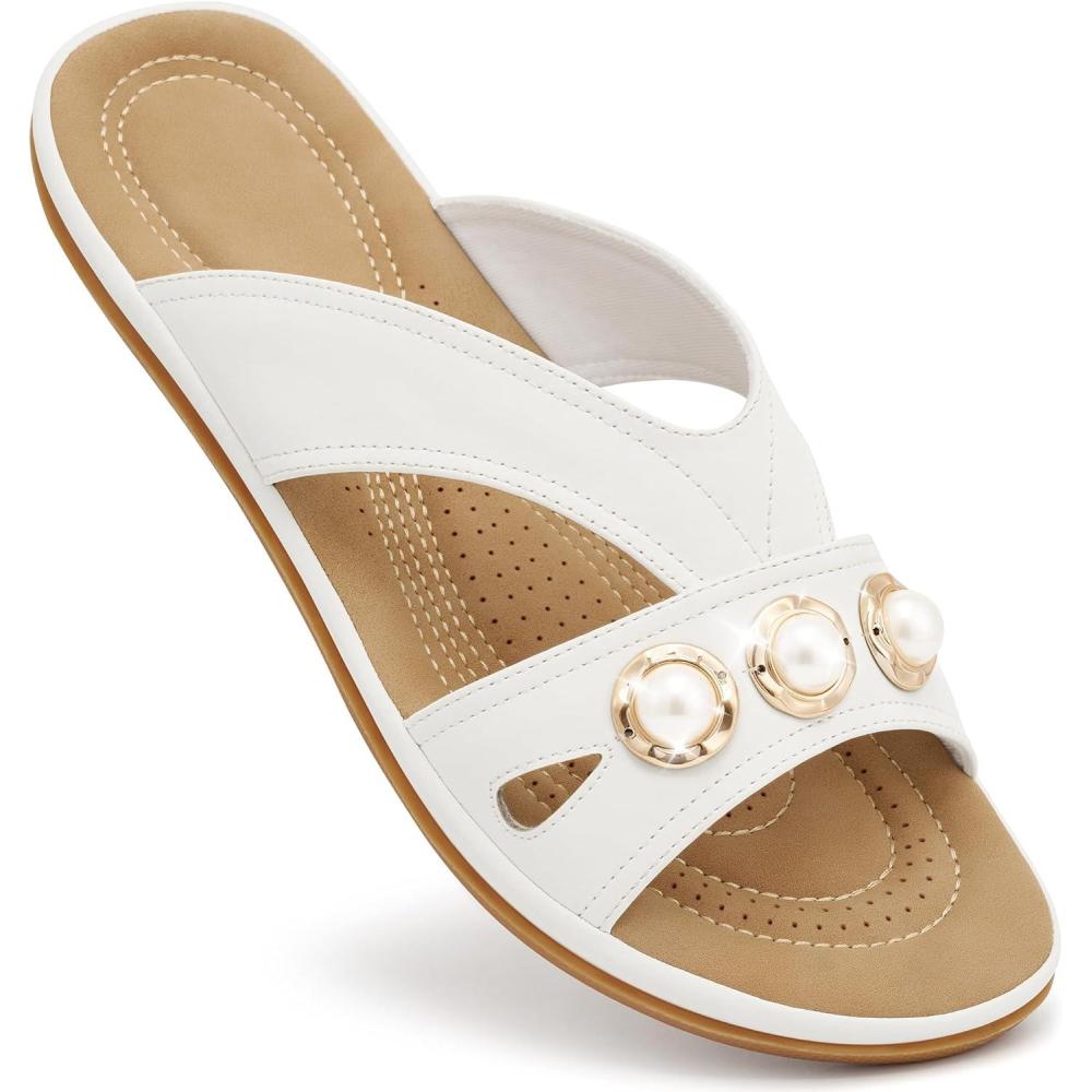 image:imageEcetana Womens Flat Sandals 2026 Dressy Comfortable Walking Slides Casual Slip on Summer Sandals for Indoor amp OutdoorWhite