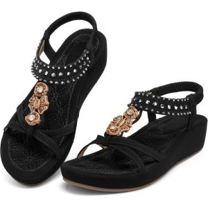 Ecetana Wedge Sandals for Women Dressy Comfortable Boho Rhinestone Elastic Ankle Strap Summer Platform Sandals 2026 for Casual Wedding(Black)