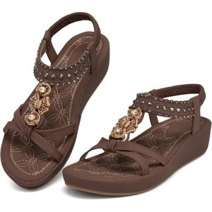 Ecetana Wedge Sandals for Women Dressy Comfortable Boho Rhinestone Elastic Ankle Strap Summer Platform Sandals 2026 for Casual Wedding(Coffee)