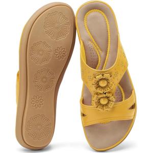 Ecetana Womens Sandals Summer Slides: 2026 Dressy Comfortable Walking Flat Sandals for Casual Indoor Outdoor(Yellow)