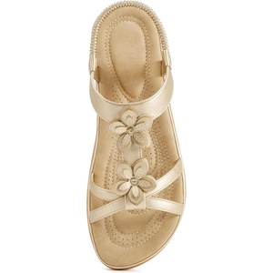 Ecetana Flat Sandals for Women Dressy Comfortable Walking Summer Sandals 2026 Flower Elastic Ankle Strap Casual Flats(Gold)